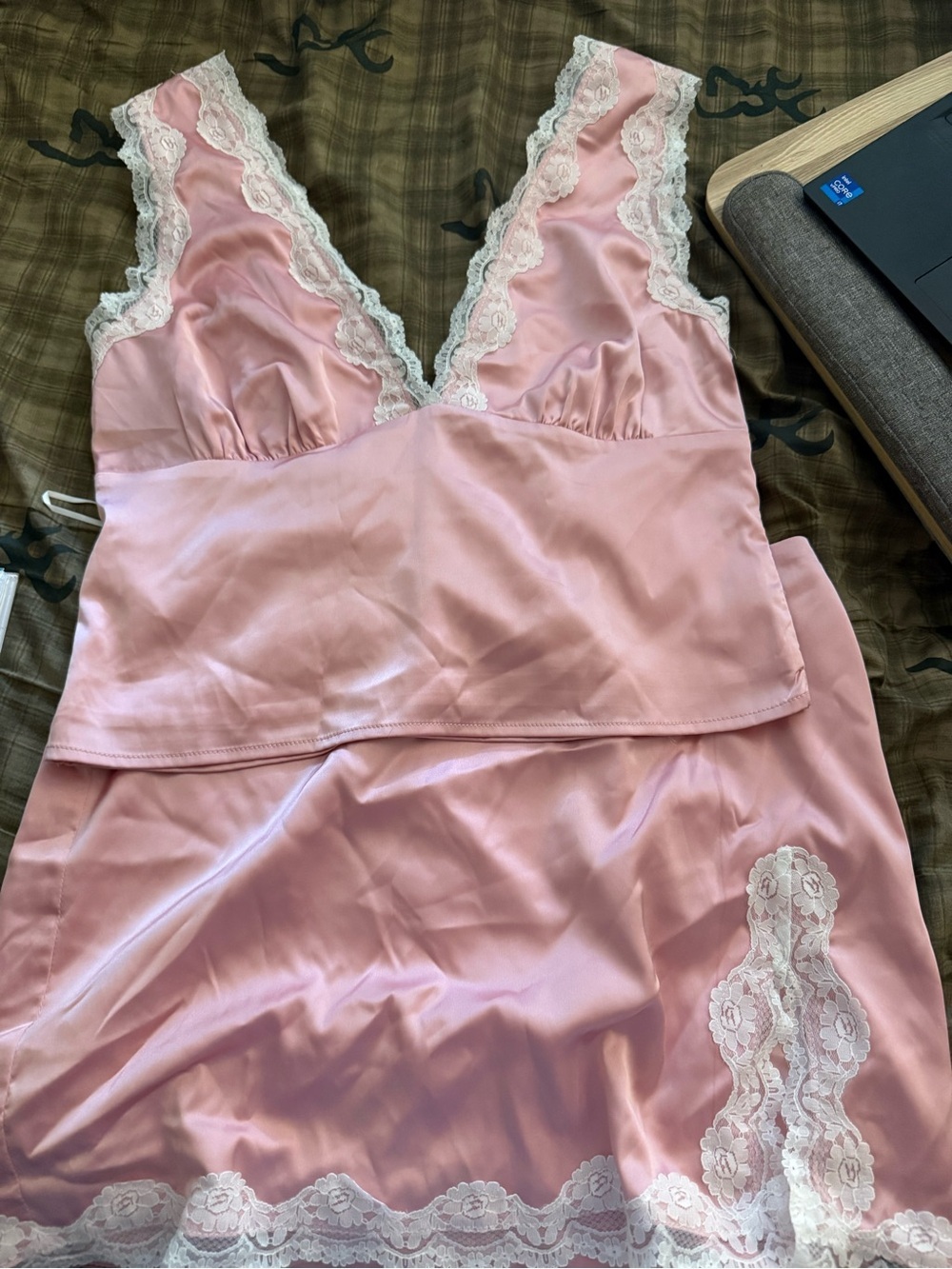 Pink Satin Lace-Trim Chemise Set